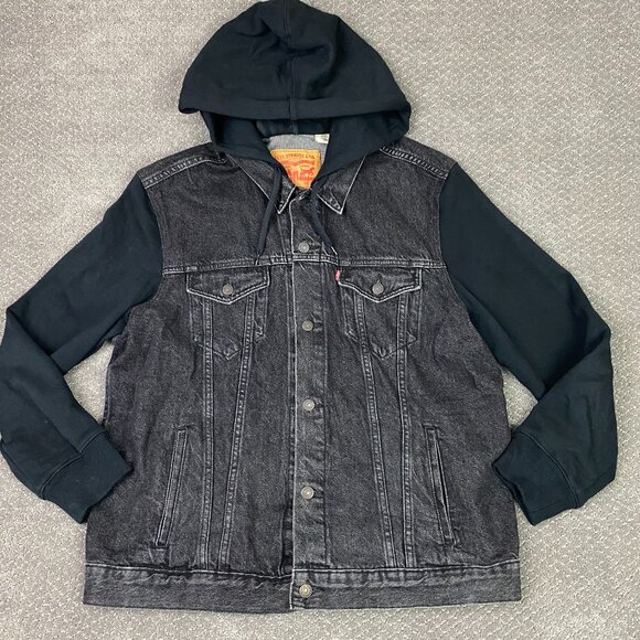 Levi's Hybrid Hoodie Trucker Jacket Denim Jean Men's XXL Fit like XL Black - Picture 1 of 9